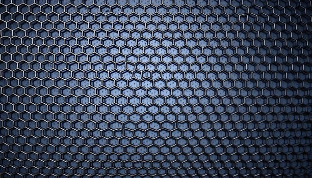 Hexagonal patterned metal mesh with a silver gray gradient photo