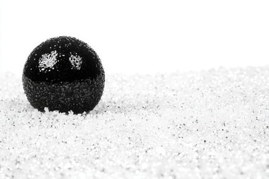 Reflective black sphere resting on sparkling white sand photo