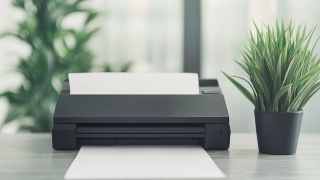 Modern office setup featuring a sleek scanner and greenery photo