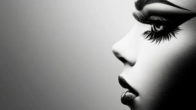 Elegant side profile of a model with striking makeup and lashes photo