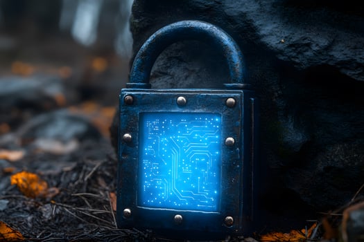 Futuristic Digital Lock Circuit Concept in Mysterious Forest Setting photo