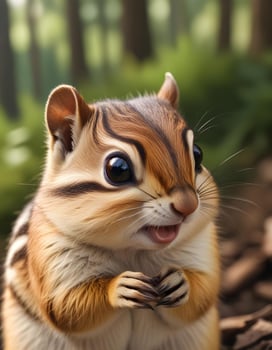Female chipmunk with cheek pouches full of food and bright eyes in soft forest light photo