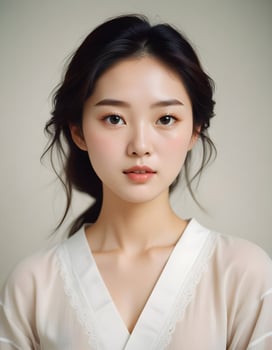 Delicate and serene Korean girl with smooth complexion, set against neutral background photo