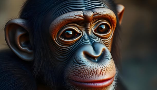 Close up of a young male chimpanzee with a contemplative gaze and textured skin photo
