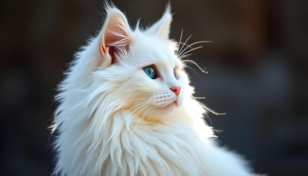 Serene Turkish Angora with flowing white fur and blue eyes, gazing off into the distance, soft blur photo
