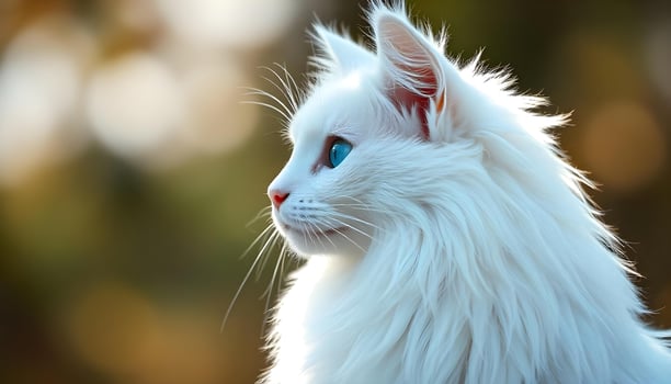 Turkish Angora in side profile with blue eyes, long white fur, soft natural light and blurred backdrop photo