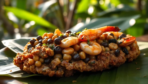 Close up of cooked grains with shrimp, bell peppers, and veggies on a green leaf background photo