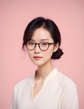 Professional Chinese woman in glasses, exuding confidence and intellect with a clean background photo