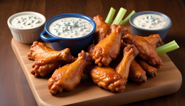 Hot buffalo wings with crunchy celery sticks and smooth blue cheese dressing photo