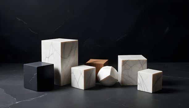 Abstract marble pedestal with geometric cubes in a contrast of white, gray, and black photo
