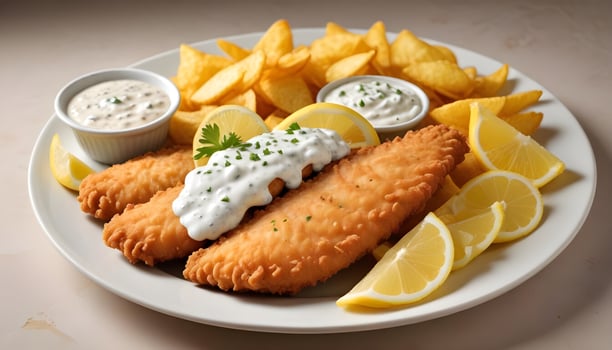 Golden battered fish with thick cut chips, tartar sauce, and fresh lemon slices photo