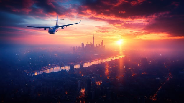 Airplane flying over city at sunset photo