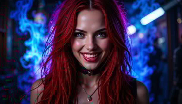 smiling Rock-Styled Woman with Red Hair and Colorful Smoke and Lights in Blue and Pink Background photo