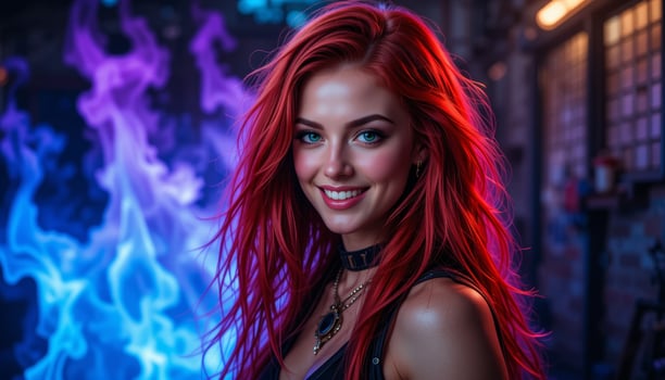 horizontal smiling Rock-Styled Woman with Red Hair and Colorful Smoke and Lights in Blue and Pink Background photo