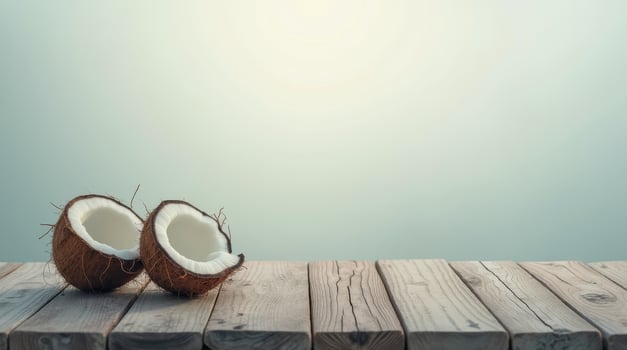 Two halves of coconut on rustic wooden table with soft gradient background. Tropical fruit with copy space for design, food, or wellness concept photo