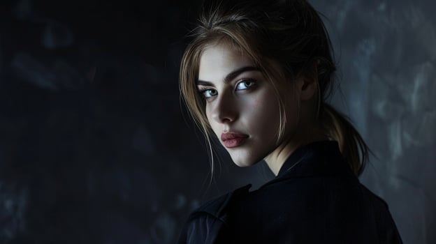 Caucasian woman in black coat dramatically lit in moody cinematic portrait image. Mysterious strong female picture photorealistic photography. Fashion model concept photo realistic