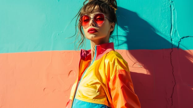 Vibrant retro streetwear woman in sunglasses and red lipstick portrait image. 80s aesthetic female picture photorealistic photography. Nostalgia fashion model concept photo realistic