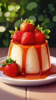 Creamy dessert topped with fresh strawberries and sweet sauce on a sunlit table photo