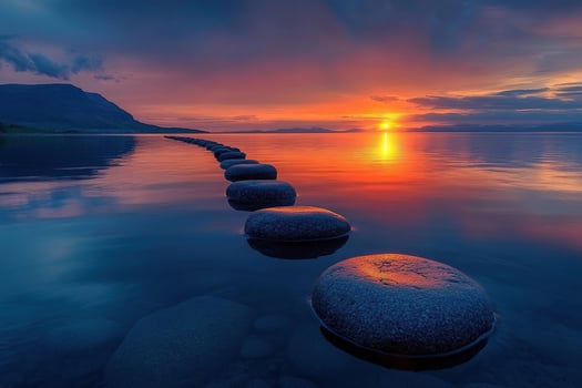 Large smooth stones lie in the sea at sunset, creating a path. The concept of harmony photo