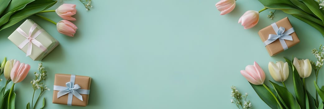 floral composition banner with tulips flowers border frame with small gift boxes on light green background top view template with copy space photo