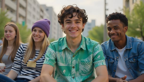 Diverse Group of Gen Z Friends Smiling Outdoors in Urban Setting photo