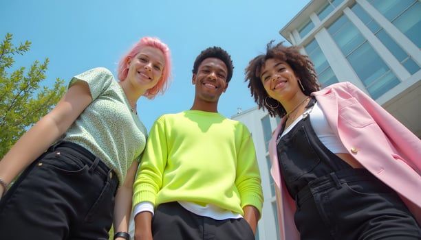 Diverse Gen Z Friends Smiling Upward on Sunny Day photo