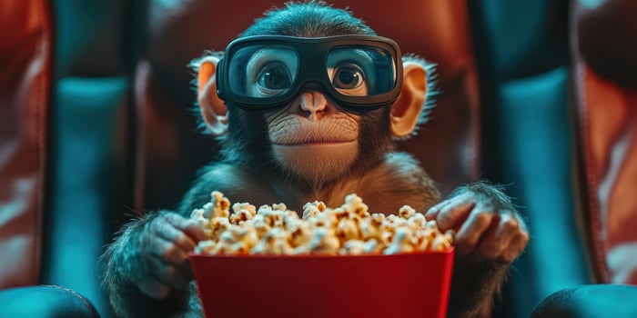 Monkey enjoying popcorn while watching a movie in a cozy theater setting at night photo