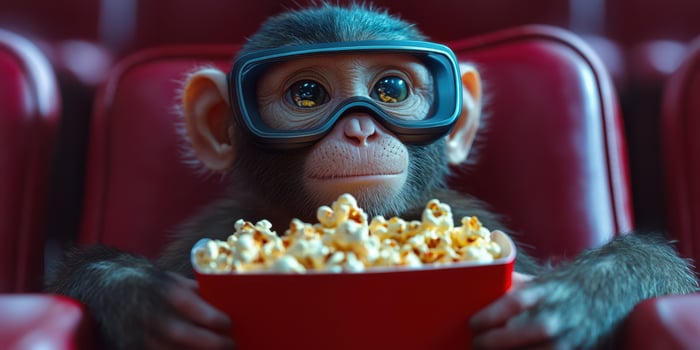 Cute monkey enjoying popcorn while watching a movie in a theater during an afternoon show photo