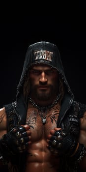Intense portrait of a rugged warrior with tattoos and a hood in a dark dramatic setting for edgy mobile wallpaper design photo