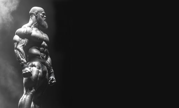 Bodybuilder showcasing impressive physique at competition stage during intense spotlight. Header banner mockup with copy space. photo