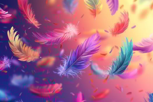 Rainbow colored feathers falling, symbolizing freedom and joy in air photo
