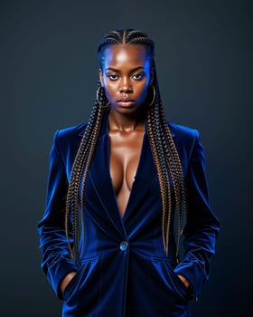 Confident Woman in Velvet Jacket with Intricate Braids on Dark Background photo