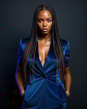 Confident Woman in Stylish Blue Suit with Long Braided Hair photo