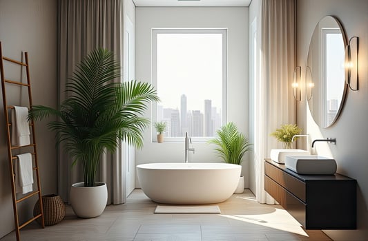 Modern loft-style bathroom with window, large potted plant, round mirror. Interior design. photo