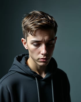 Young Male with Stylish Hair in Casual Black Hoodie Portrait Shot photo