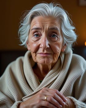 Elderly Woman with Silver Hair in Cozy Sweater at Home Interior photo