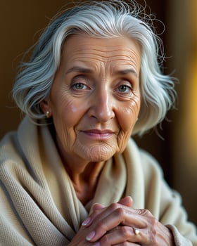 Elderly Woman with Silver Hair and Gentle Smile in Natural Lighting photo