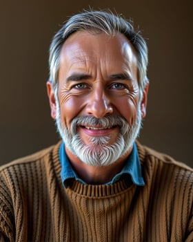 Warm Smiling Man with Gray Beard Wearing Cozy Brown Sweater photo