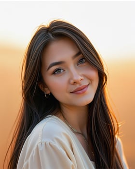 Natural Portrait of Young Woman Smiling in Sunset Glow photo