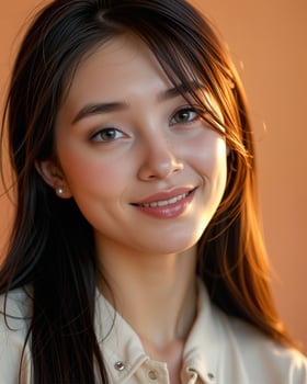 Portrait of Smiling Young Woman with Natural Makeup and Soft Light photo