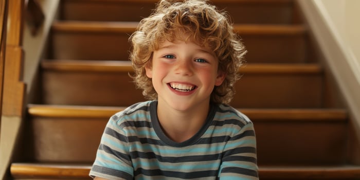 Smiling young boy with curly hair sitting on wooden stairs indoors photo