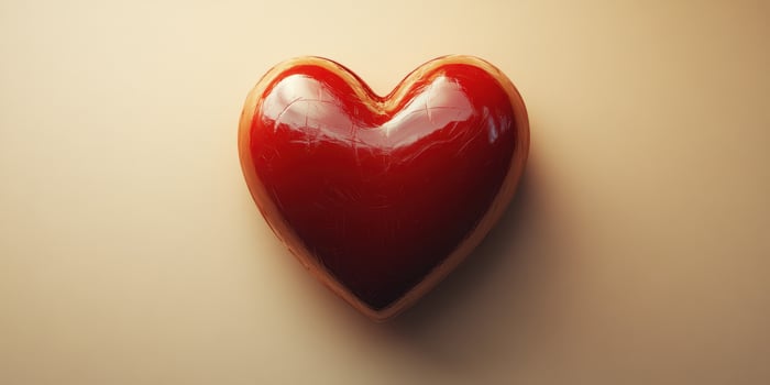 Heart-shaped object with a glossy red finish positioned on a smooth surface, creating a striking visual appeal and symbolizing love photo