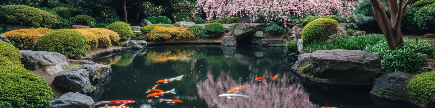 Serene japanese garden pond with koi fish and cherry blossom reflections photo