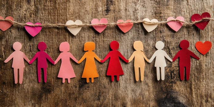 Paper cutout people holding hands with heart decorations on rustic wooden background photo