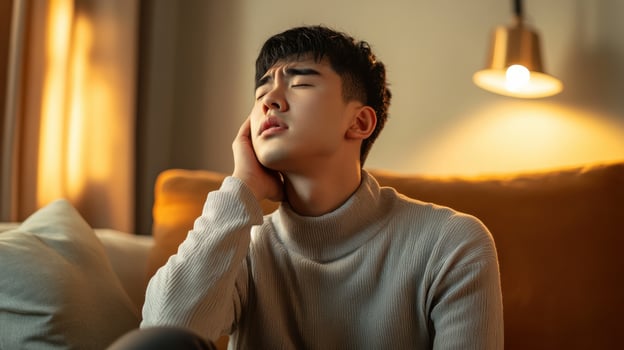 Young man in turtleneck experiencing toothache sitting in cozy living room lighting photo