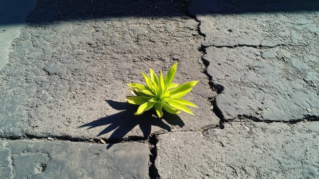 Vibrant green plant growing in cracked pavement representing resilience and growth photo