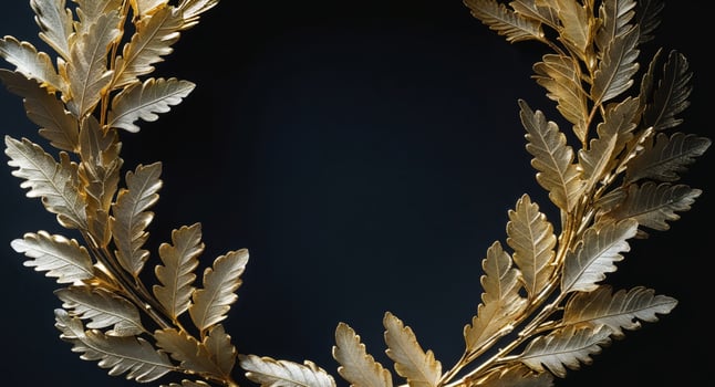 Golden laurel wreath on black background with intricate leaf design. photo