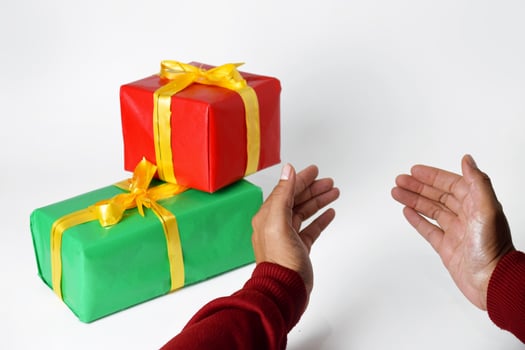Hand of a person in a red sweater shows a red and green gift box photo