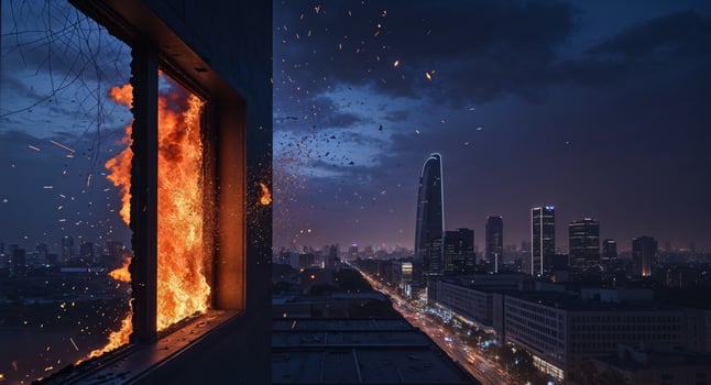 Fire engulfs building as flames burst from shattered window during nighttime blaze in urban area. photo
