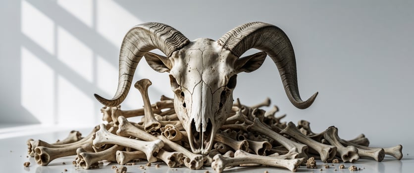Ram Skull Among Bones Creates Eerie and Mysterious Archaeological Still Life. photo